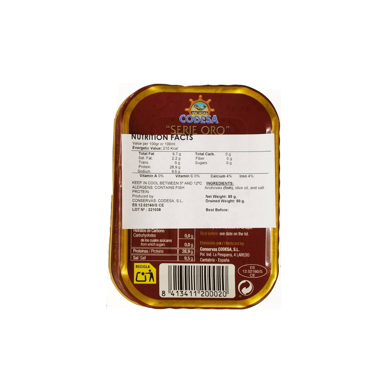 カンタブリア産 アンチョビ・フィレ ゴールド オリーブオイル  11/14 85g(固形量50g) 1缶 - 画像 (2)